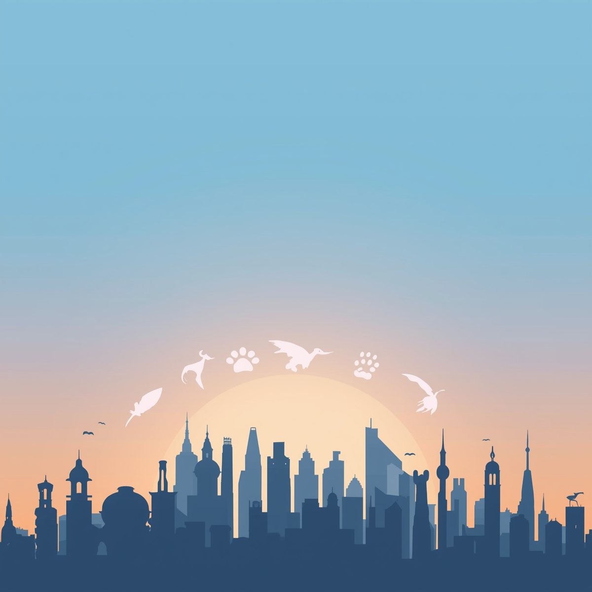 Abstract anthropomorphic skyline illustration with animal icons, sunrise hues, representing Zootopia 2 city atmosphere